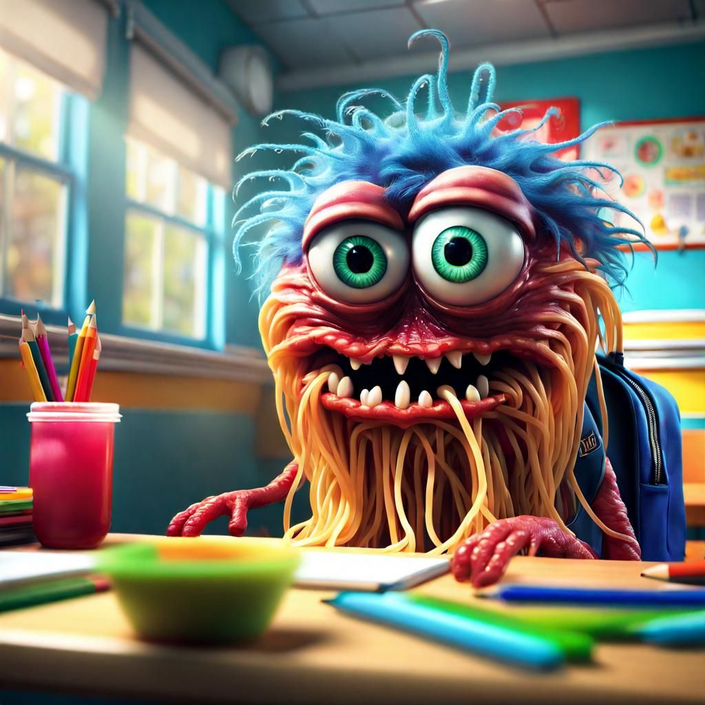 Spaghetti-Eyed Monster's First Day: Hyperrealistic Concept A...