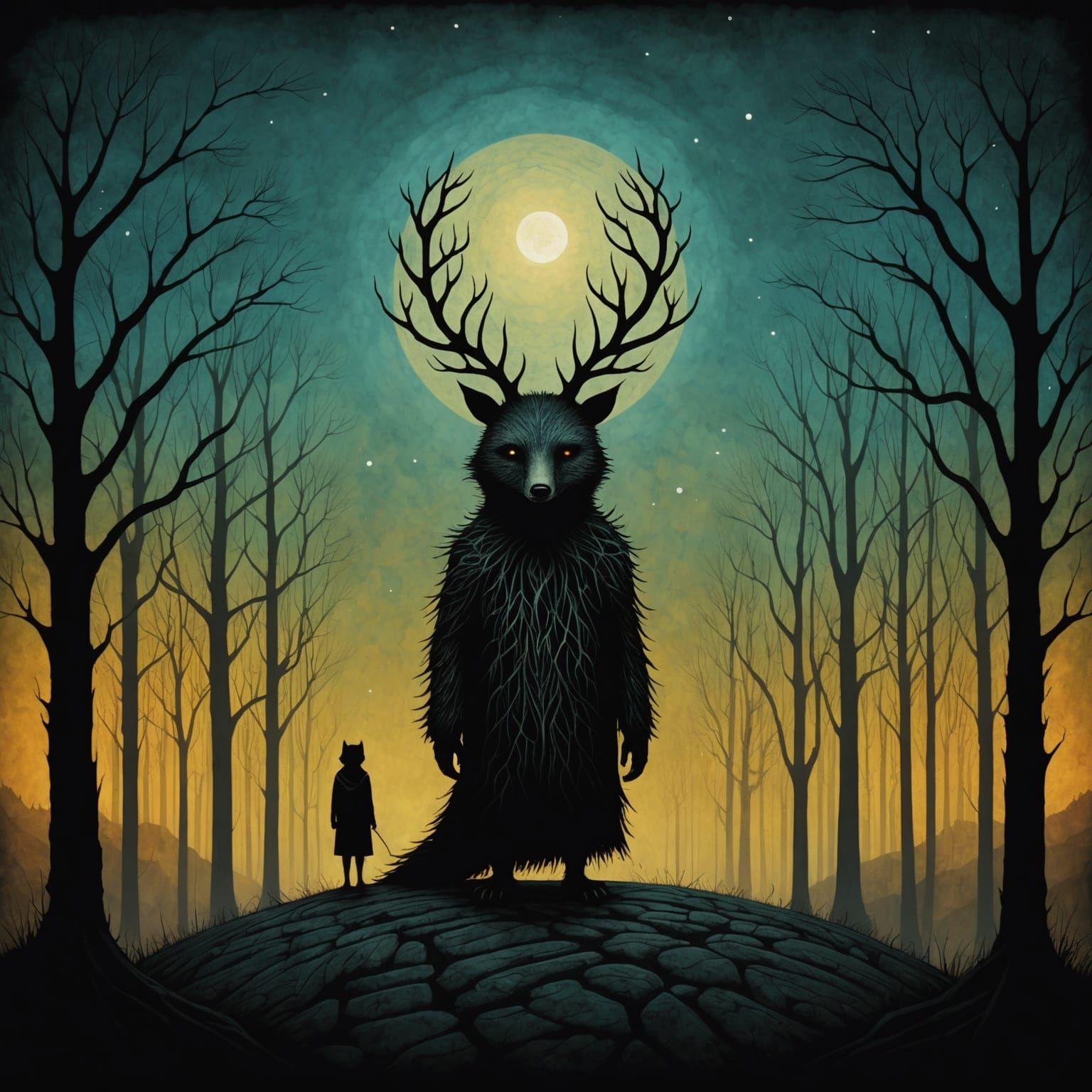 Grimdark Surreal Landscape in Folk Art Style