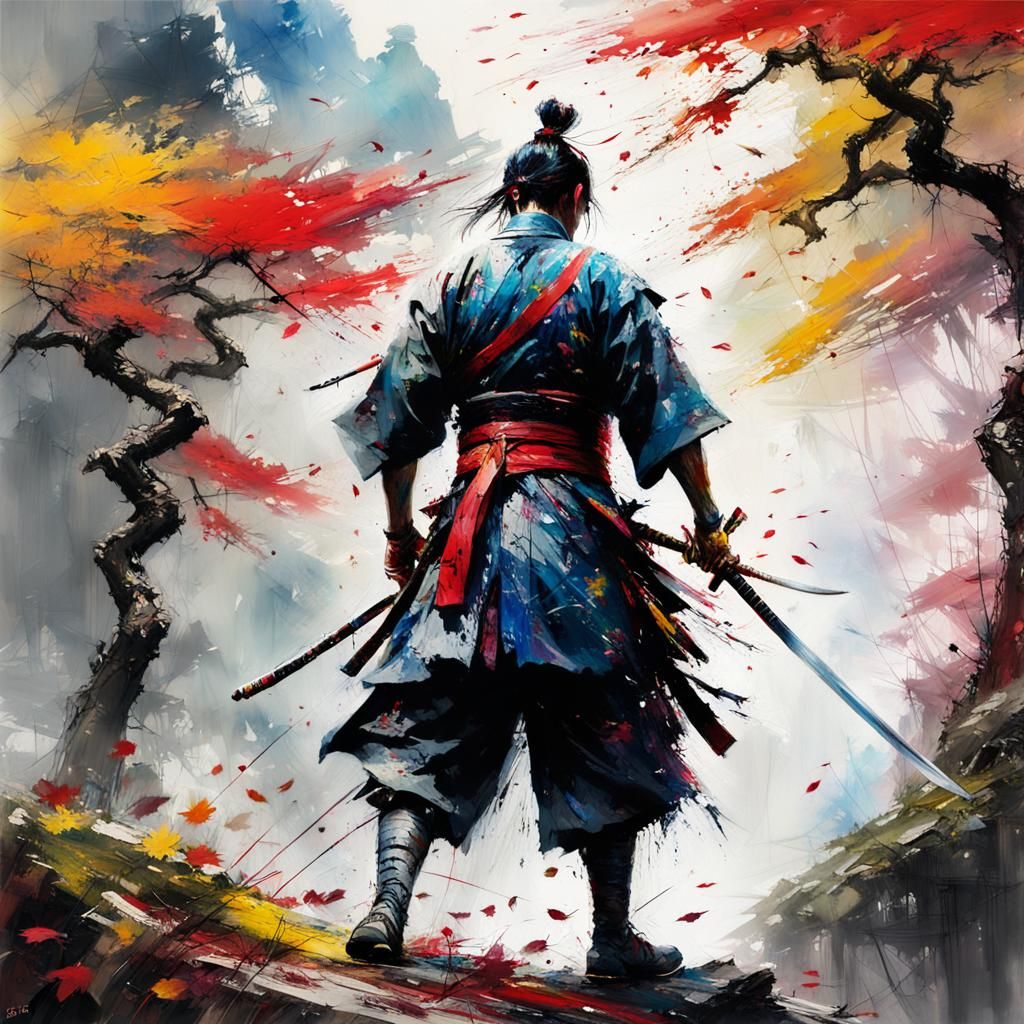 Samurai in Cherry Trees: Dramatic Oil Painting