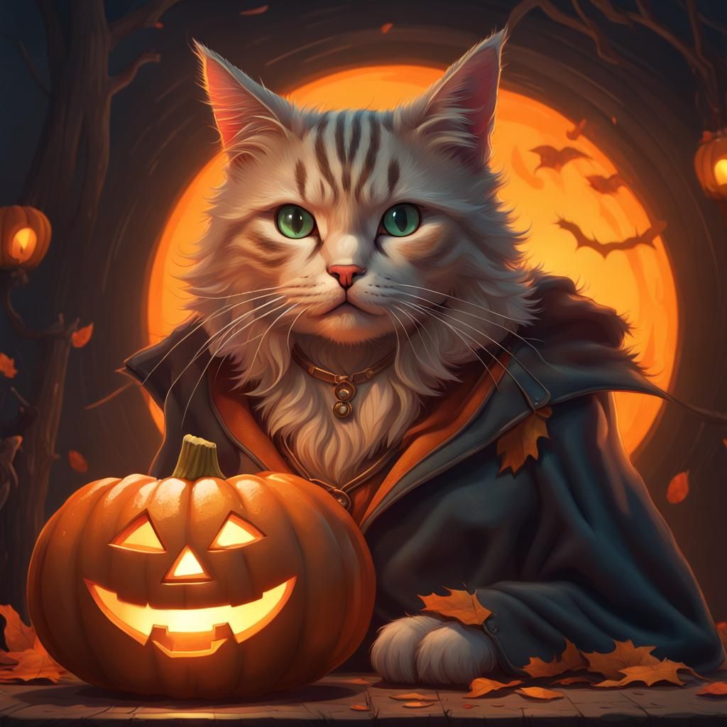 Cat and Jack-o'-Lantern Portrait in Hyperdetailed Style