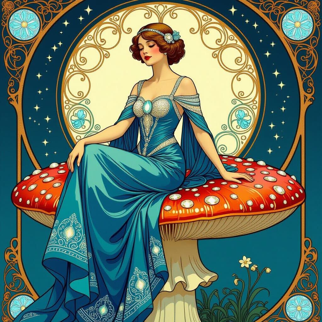 Majestic Jugendstil Girl with Crystals on Mushroom