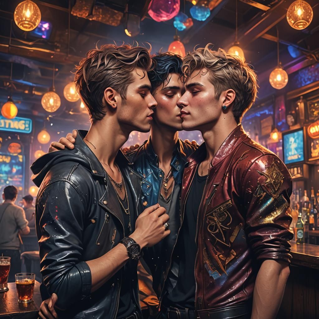 2 boys embrace in first kiss at gay bar