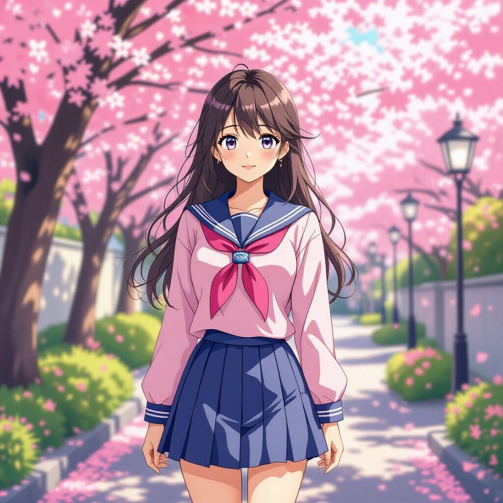 Anime Girl in Cherry Blossom Garden