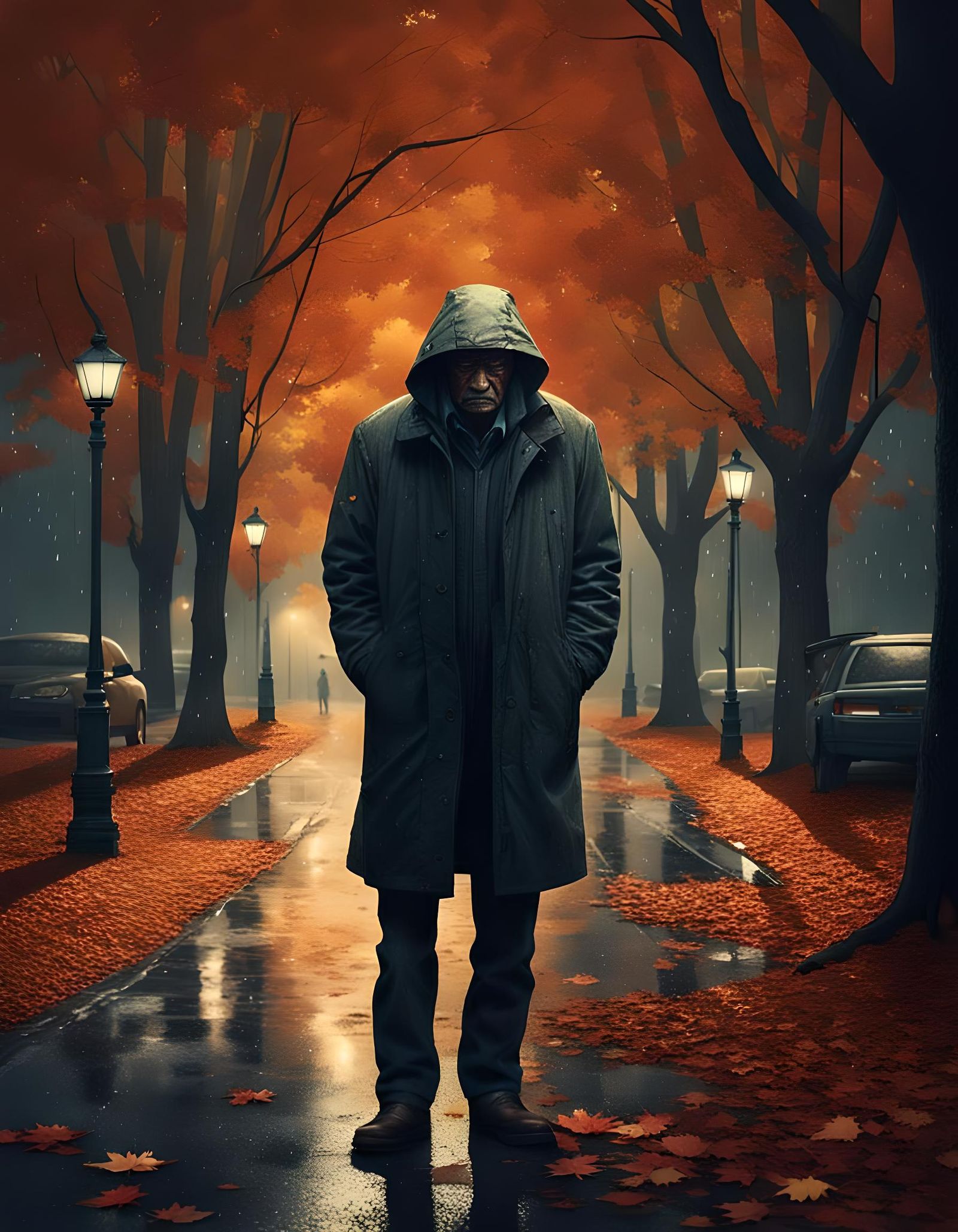 Lonely Man in Autumn Rain: Fantasy Concept Art