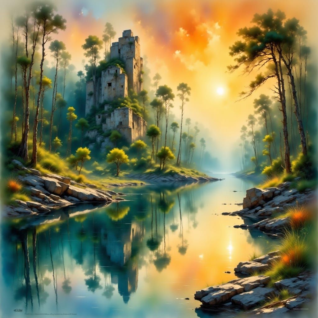 Mysterious Jungle City Reflected at Sunset