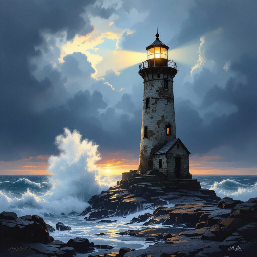 Weathered Lighthouse in Stormy Sea, Matte Painting Style