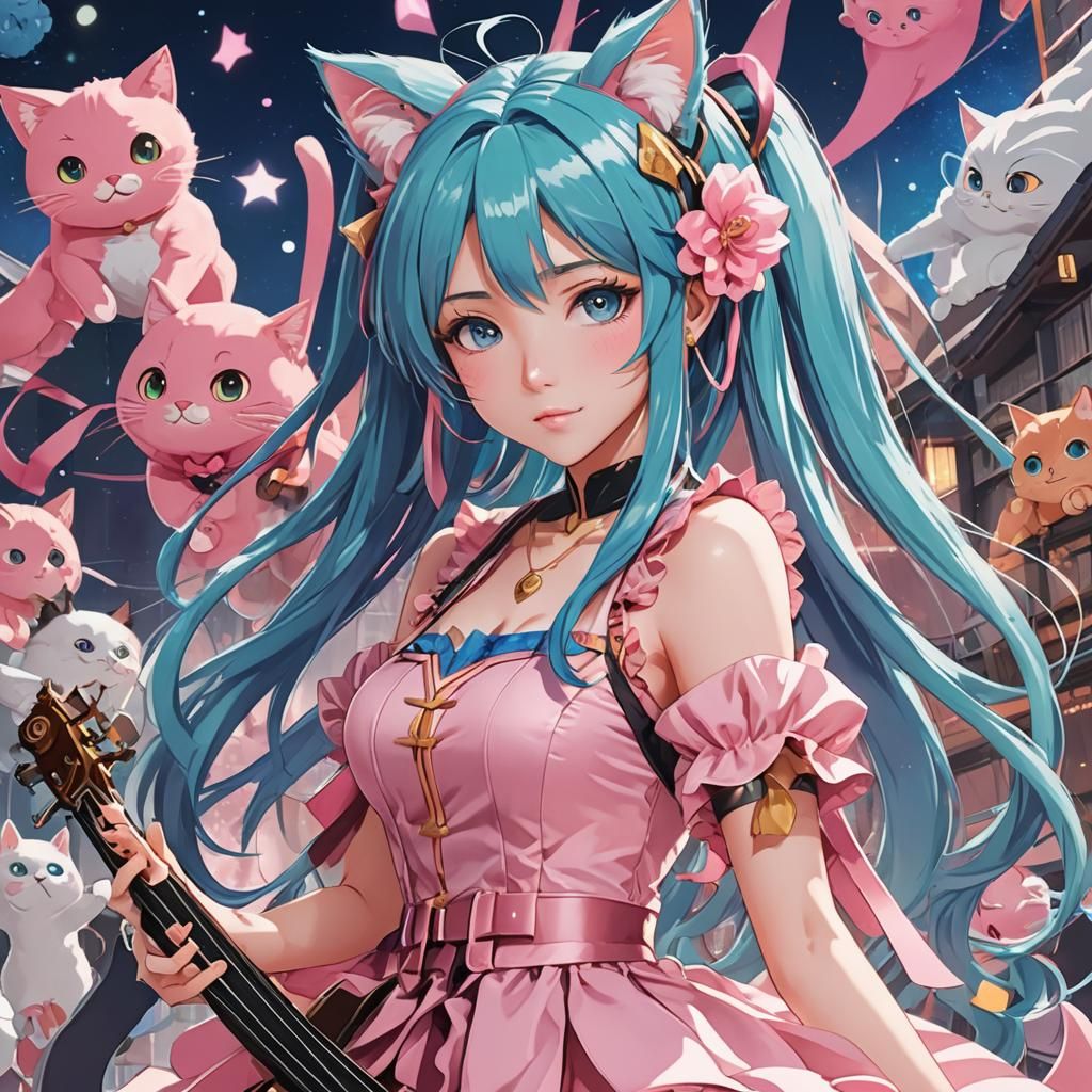 Anime Girl with Blue Hair and Pink Dress