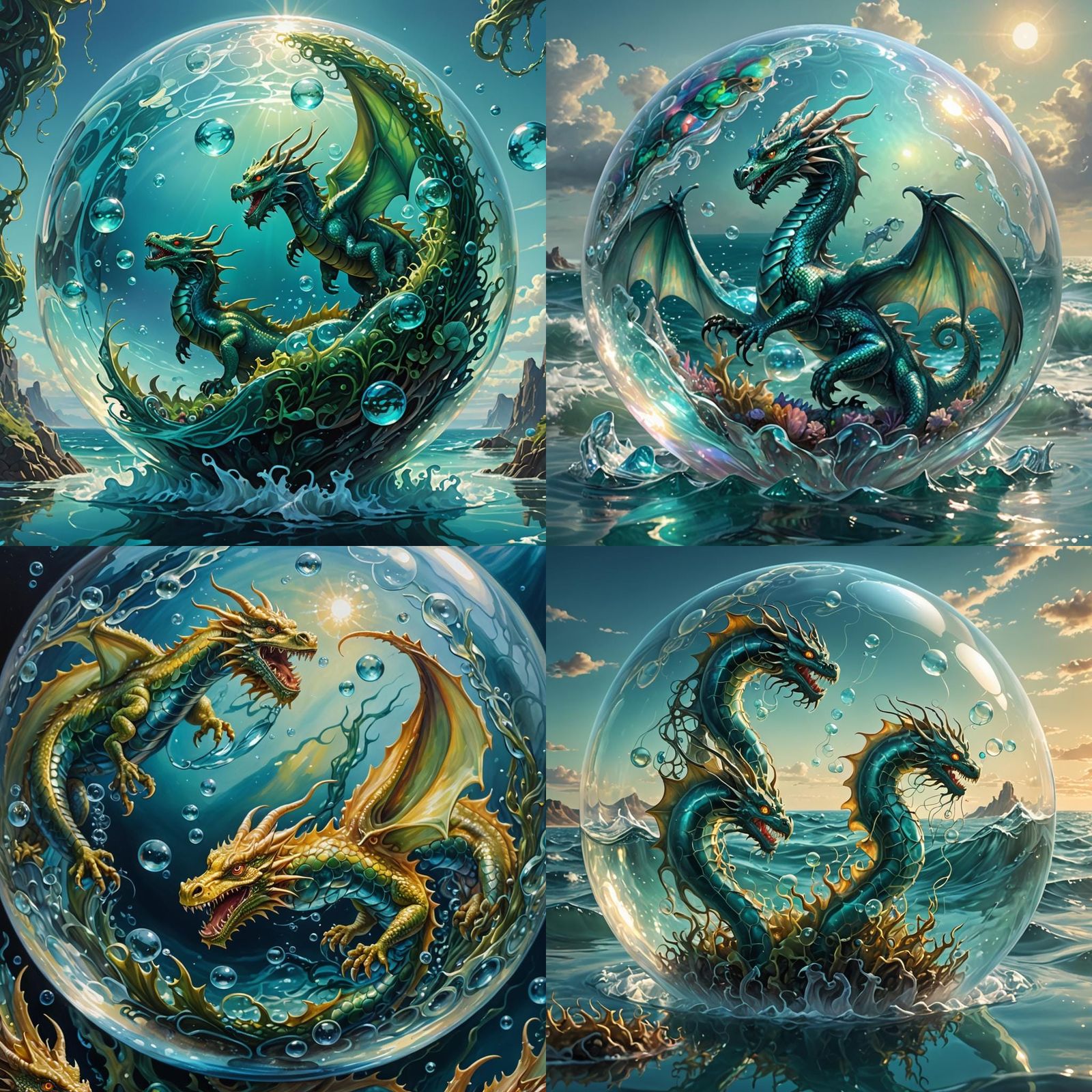 Dragons in Glass Bubble Floating at Sea
