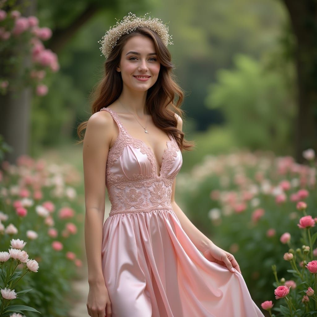 Elegant European Woman Strolls Through Garden Aisles in Soft...