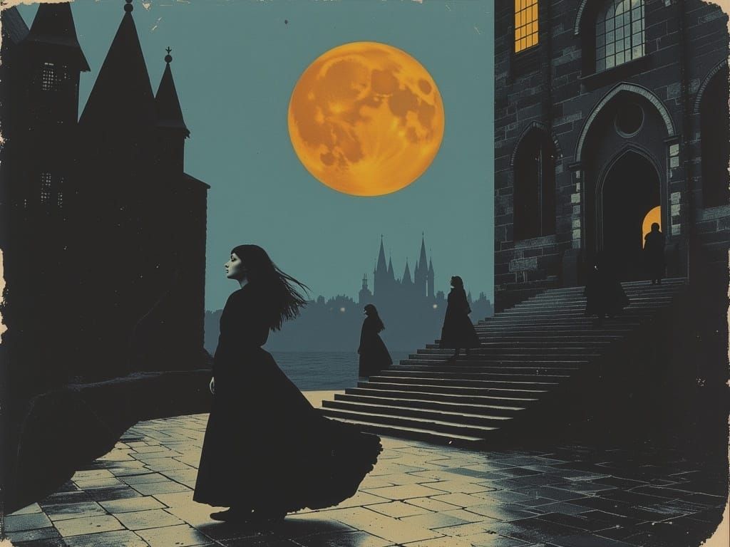 Surreal Cathedral with Dancing Woman in Starry Dystopia