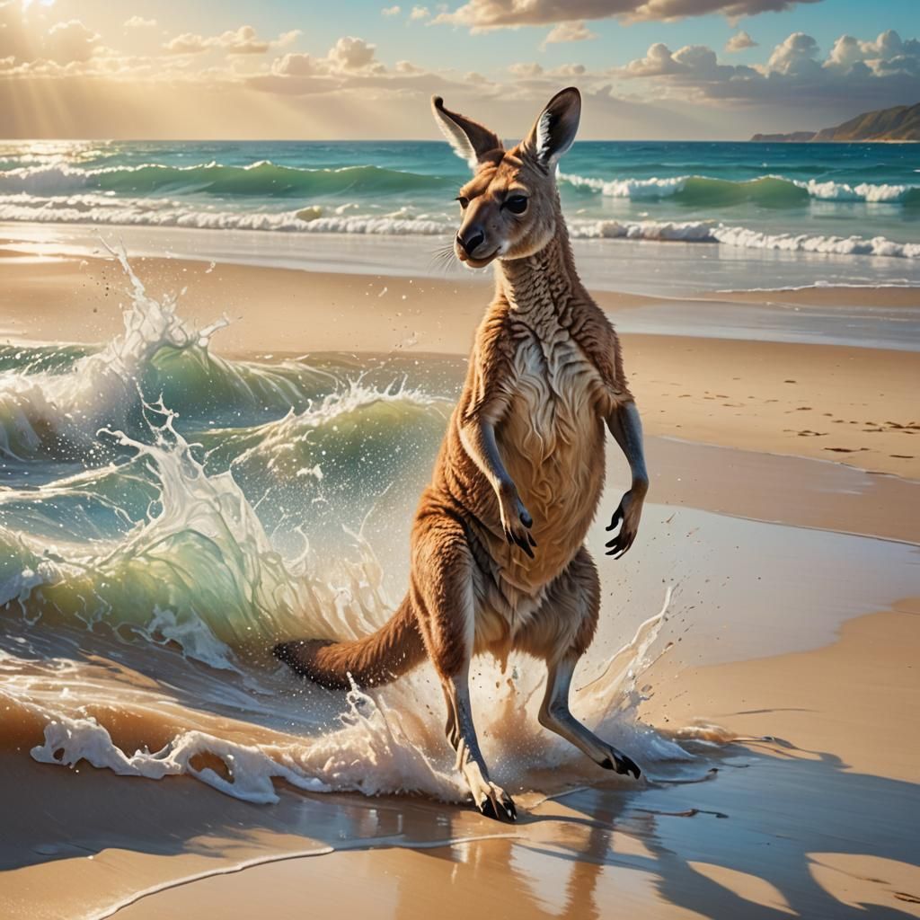 Hyperrealistic Kangaroo Runs on Tropical Beach
