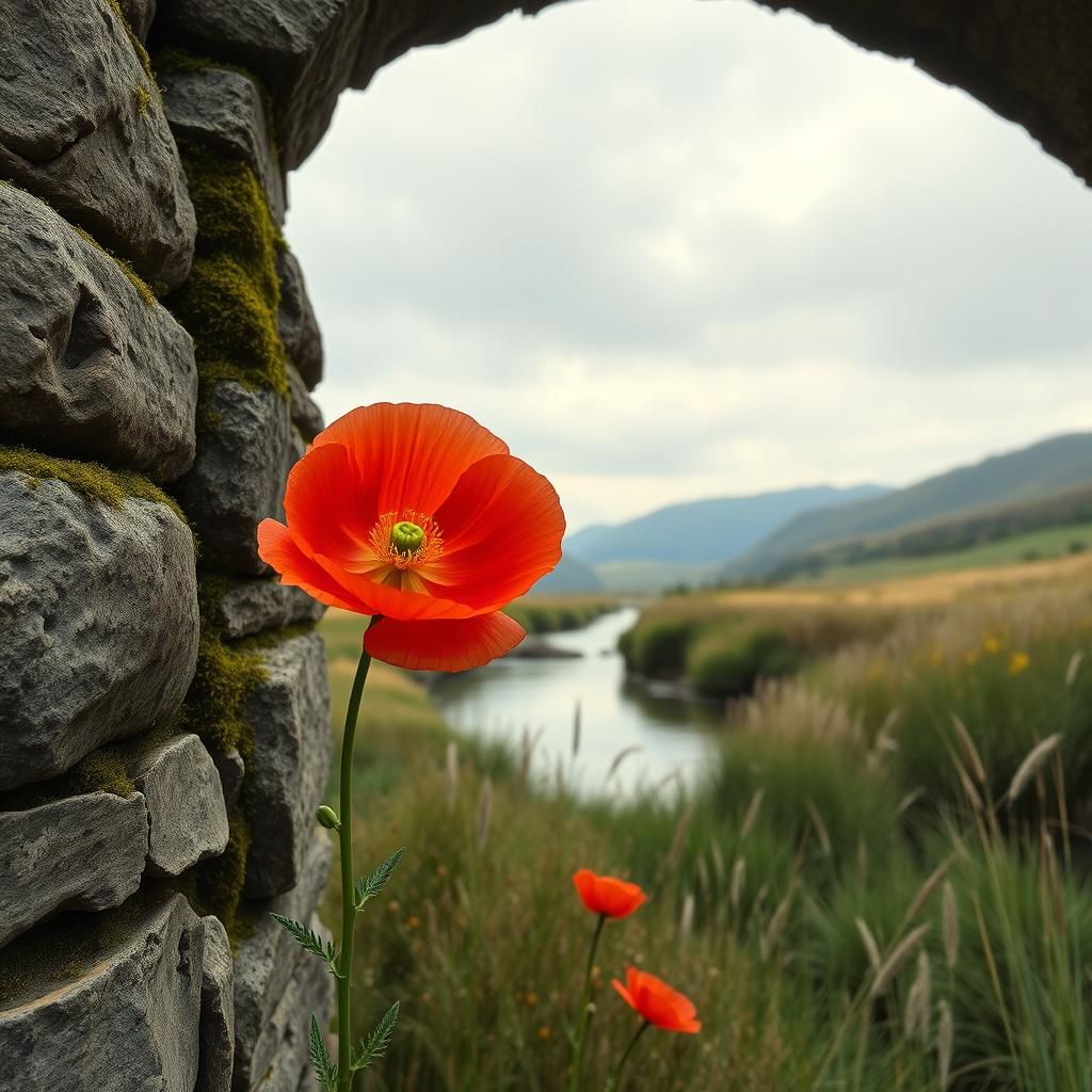 A radiant red poppy flower growing from the cracks of an old...