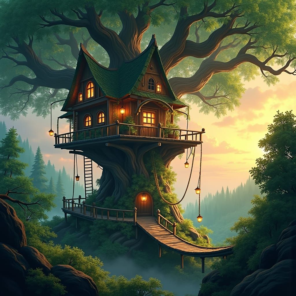 Enchanted Treehouse in Emerald Forest: Fantasy Concept Art
