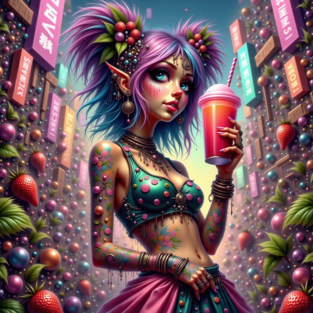 Hip Hop Woman with Smoothie in Neon Cityscape