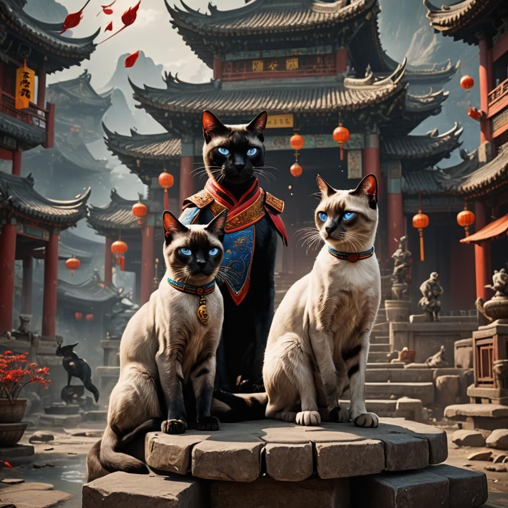 Siamese Cats in Kung Fu Theater: Detailed Matte Painting