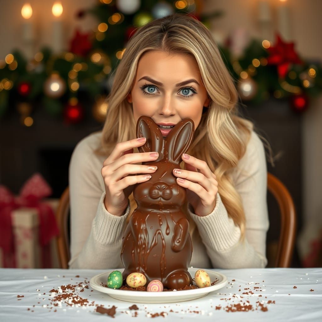 Surprised Woman Eating Chocolate Easter Bunny