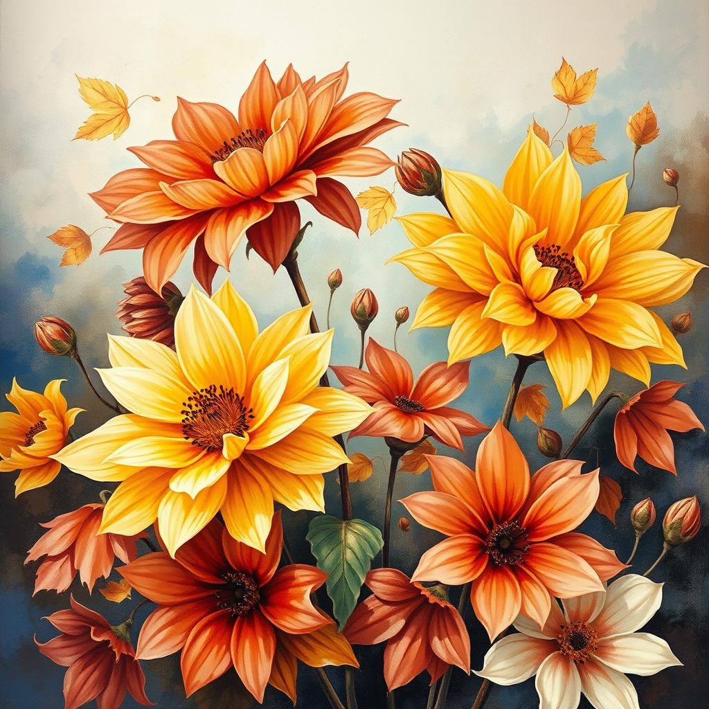 Autumn Flowers in Gouache Style Impressionist Painting