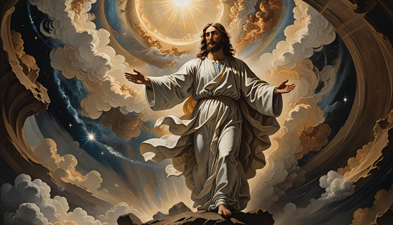 Jesus Son of God in Baroque Fresco Style, Emerging from Cosm...