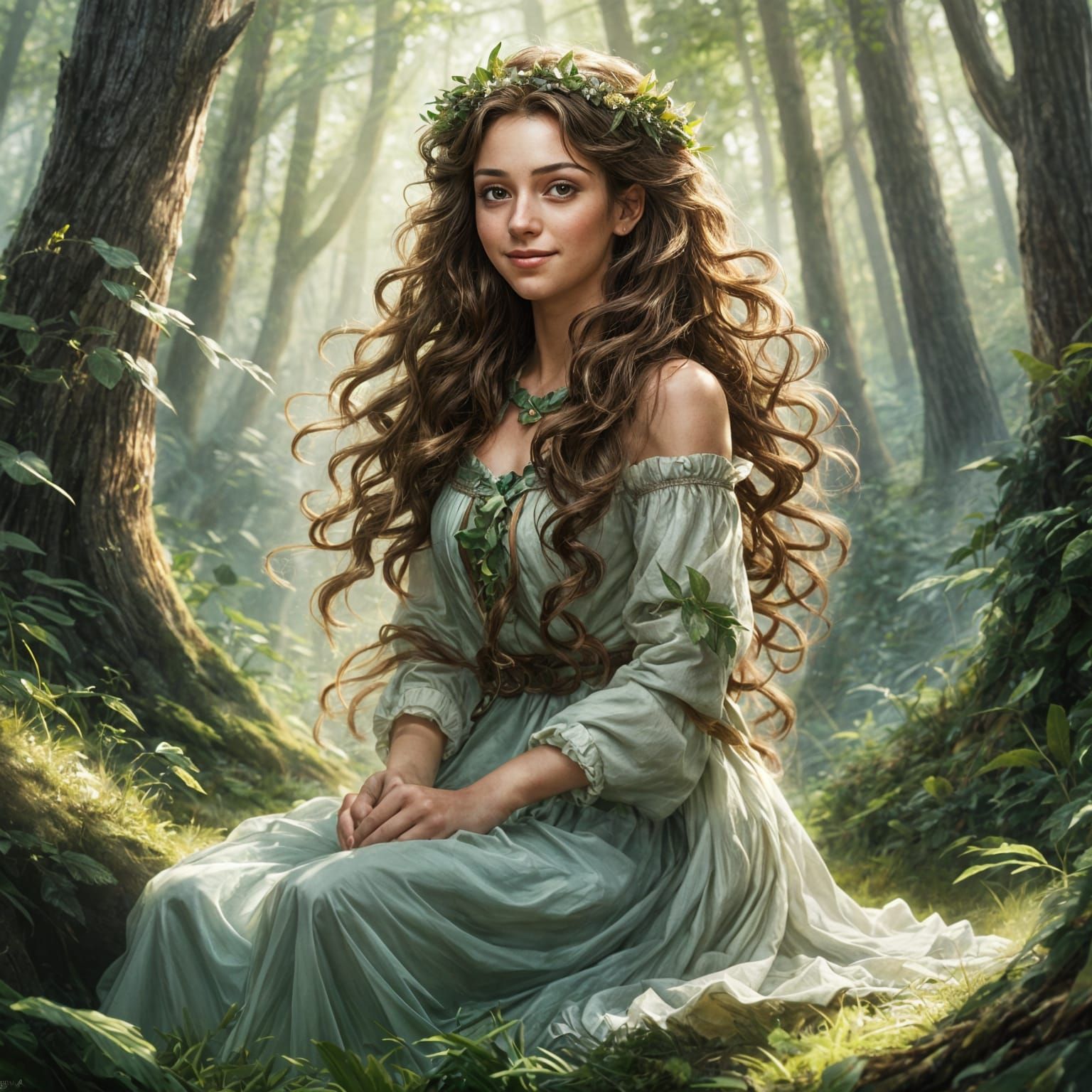 Spirit of Nature - A Young Forest Princess with long Brown Curly Hair sitting in a dark Forest