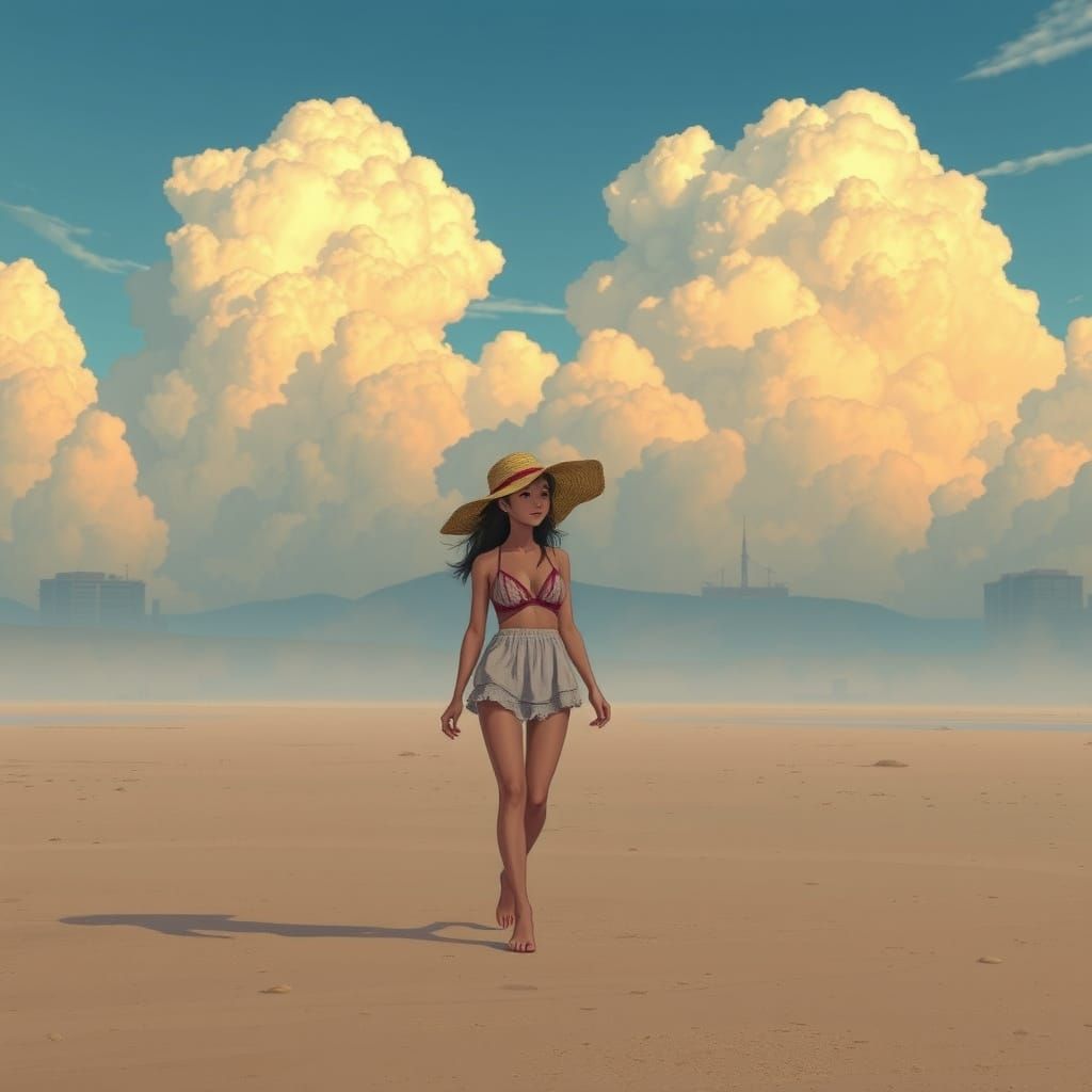 Solitary Beach Walker in Anime Style