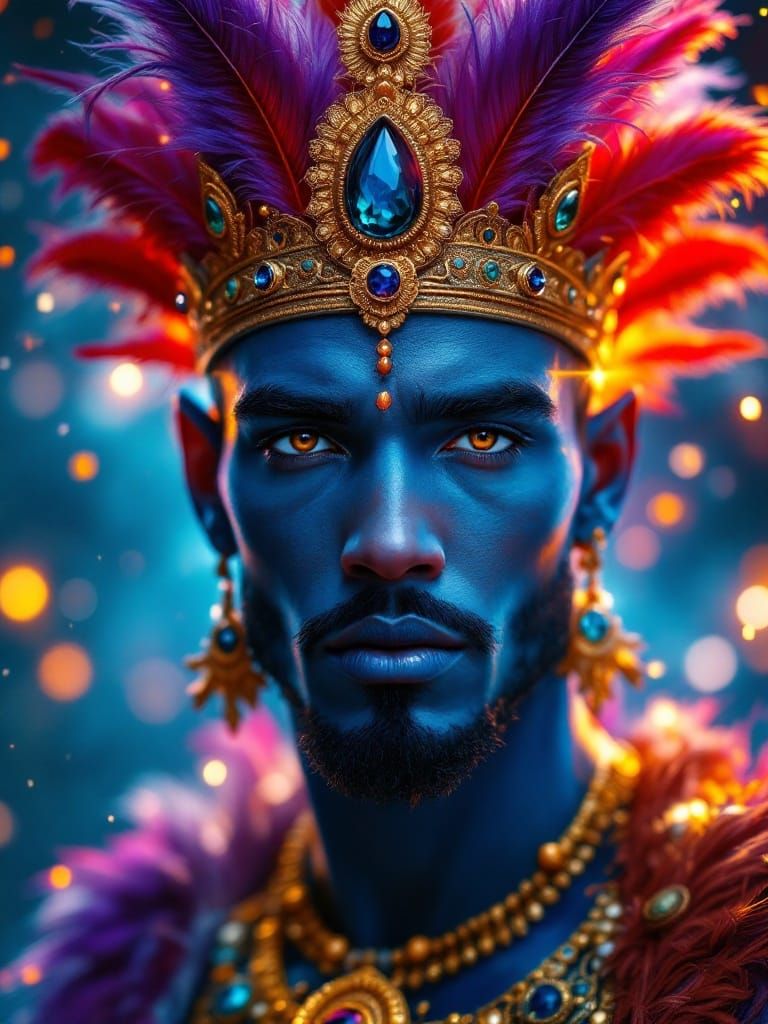 Regal Blue Humanoid with Golden Crown in Cosmic Setting