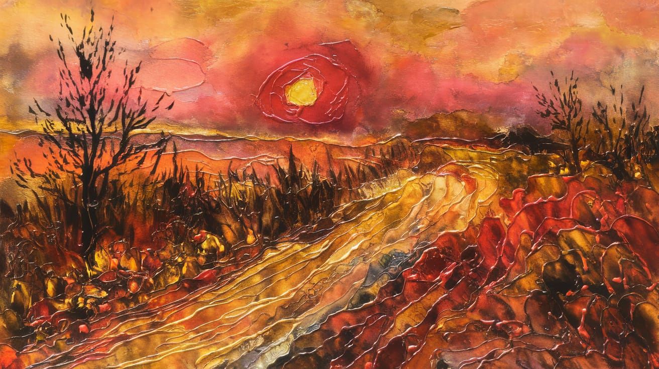 Kafkaesque Autumn Sunset in Heavy Impasto Style