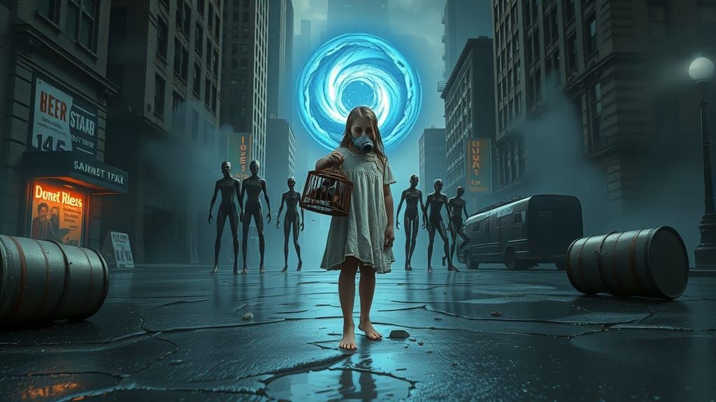 Dystopian Girl with Portal in Ruined City