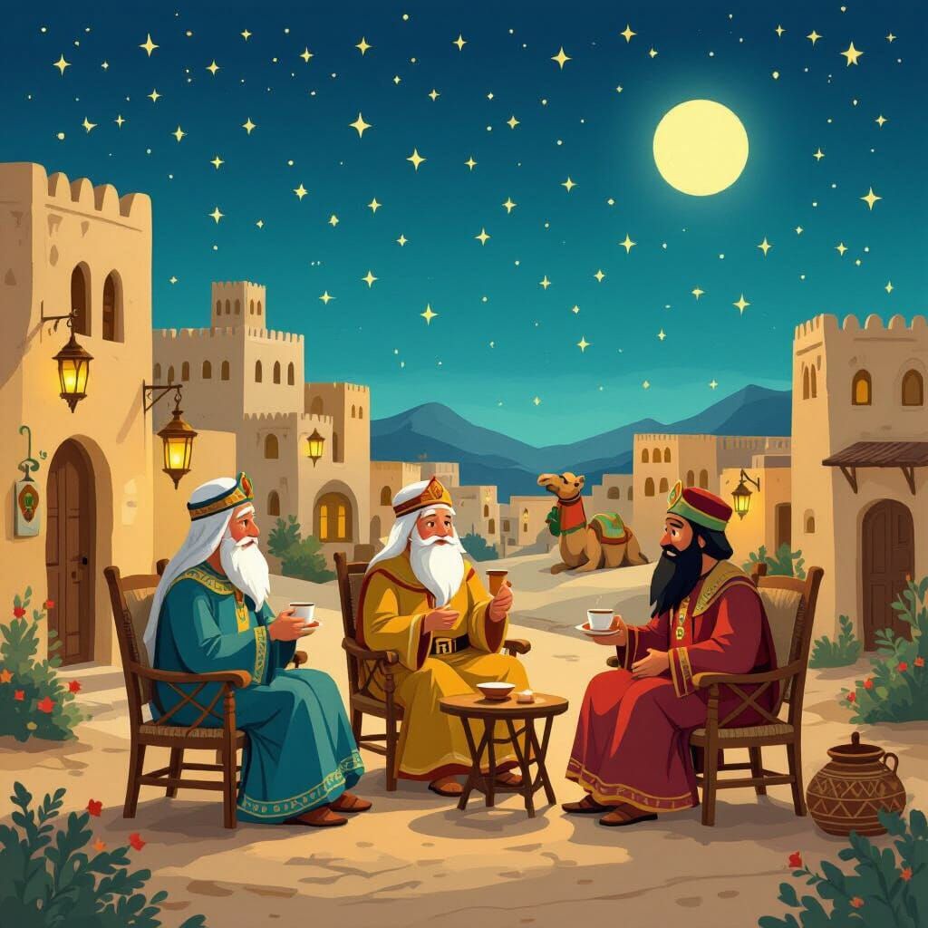 Three Wise Men on Coffee Break in Village