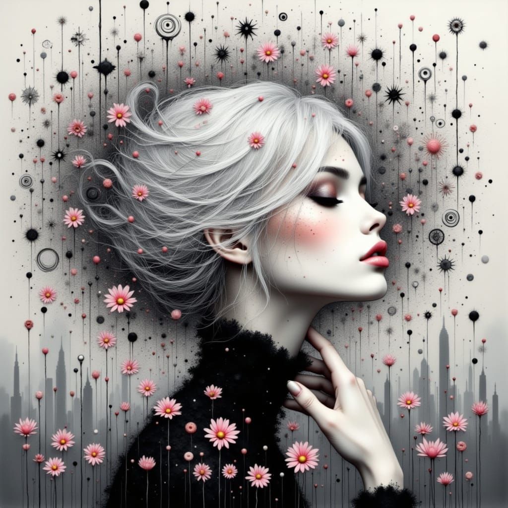 Surreal Portrait with Daisies in Futuristic Style