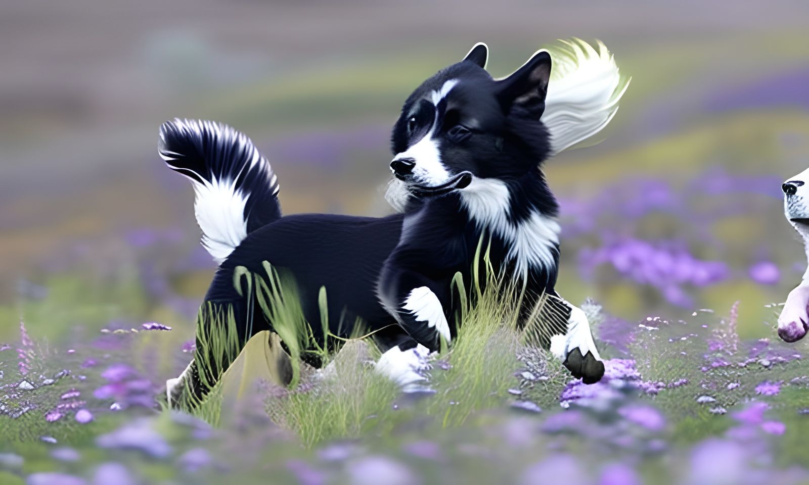 A cute dog having fun running and playing with his friends.