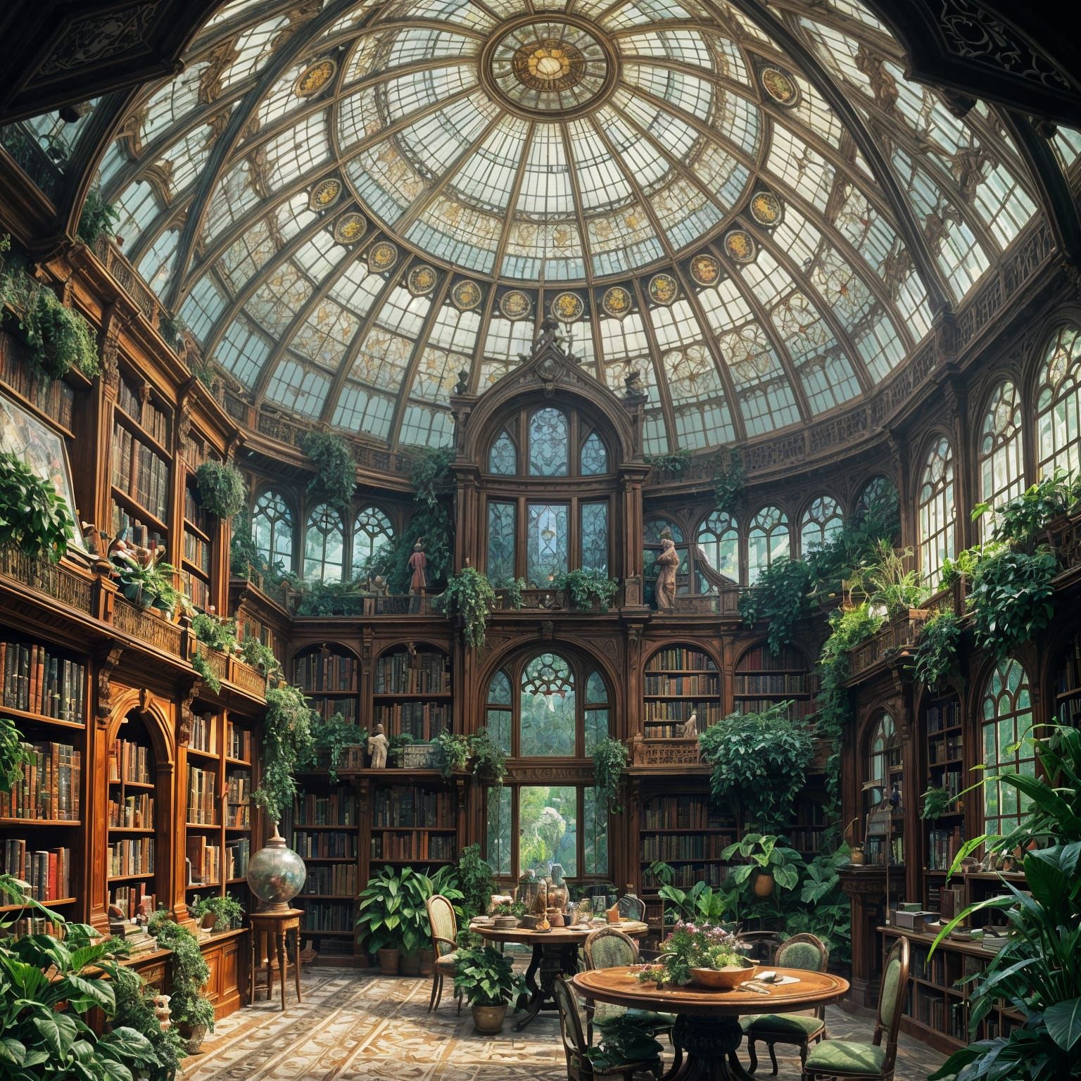 Ornate Library and Apothecary with Stained Glass Dome