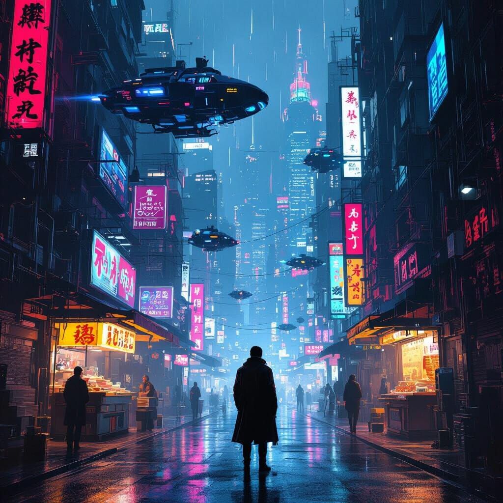 Cyberpunk Cityscape at Night with Neon Rain and Flying Cars