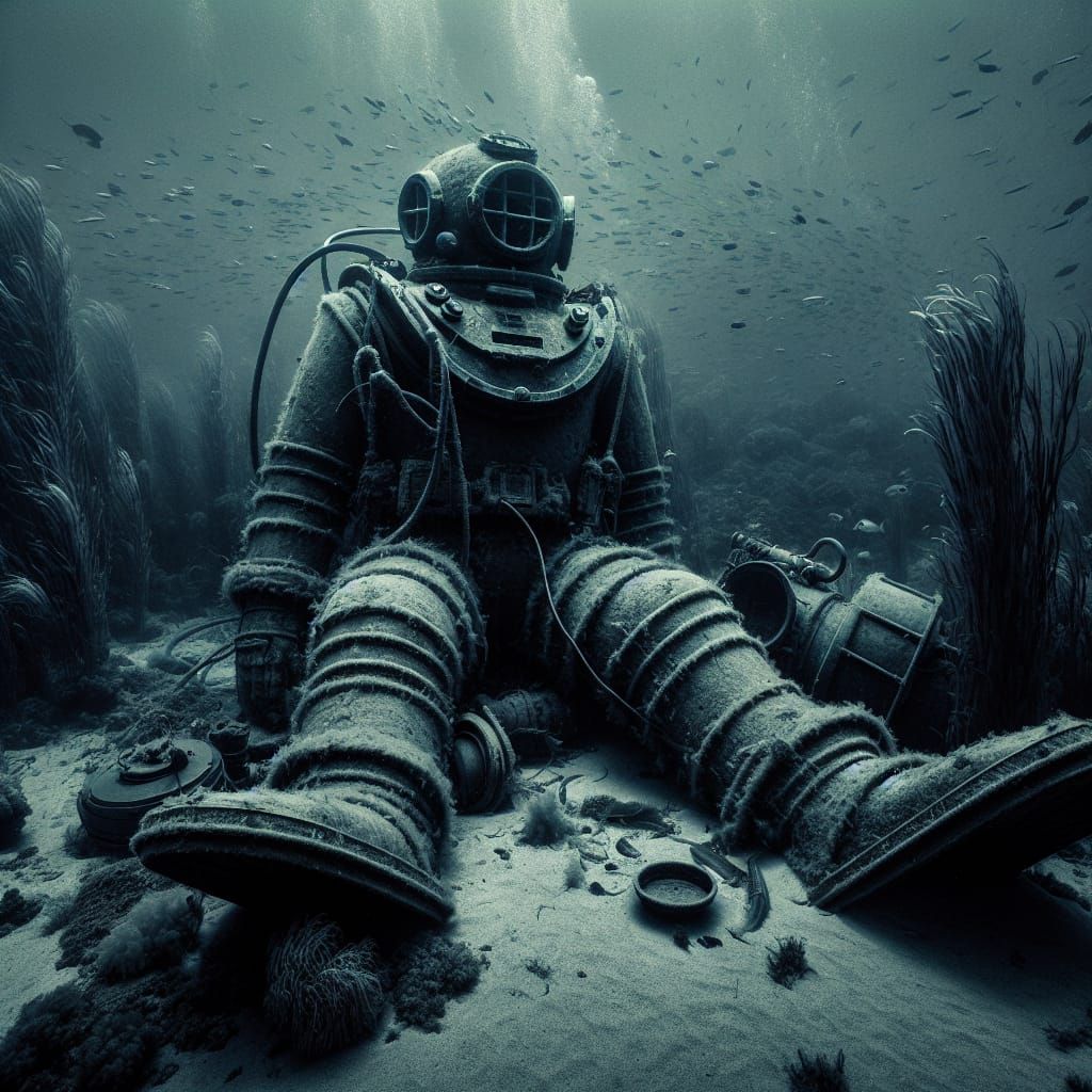 Abandoned Diving Suit in Gloomy Ocean Depths