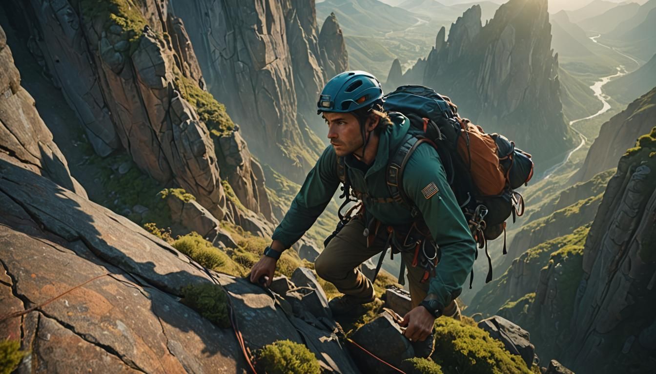 Climber on Mountain Cliff in Cinematic Landscape
