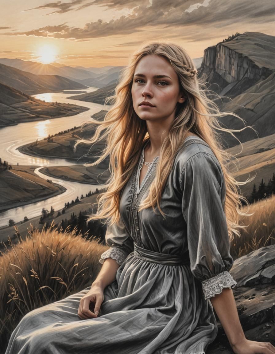 Young Slavic Girl Gazing at Sunset: Charcoal Drawing