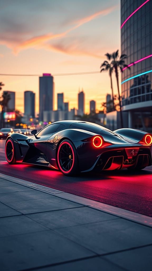 Futuristic Black Ferrari Cyber Sports Car in Synthwave Style