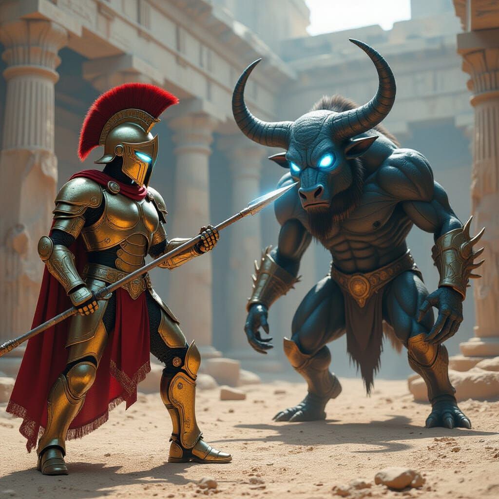 Robot Battles Alien Minotaur in Abandoned Temple
