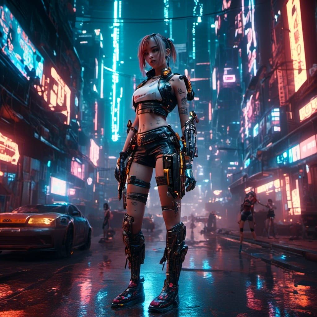 Cyberpunk Girl in Neon Cityscape, 8K