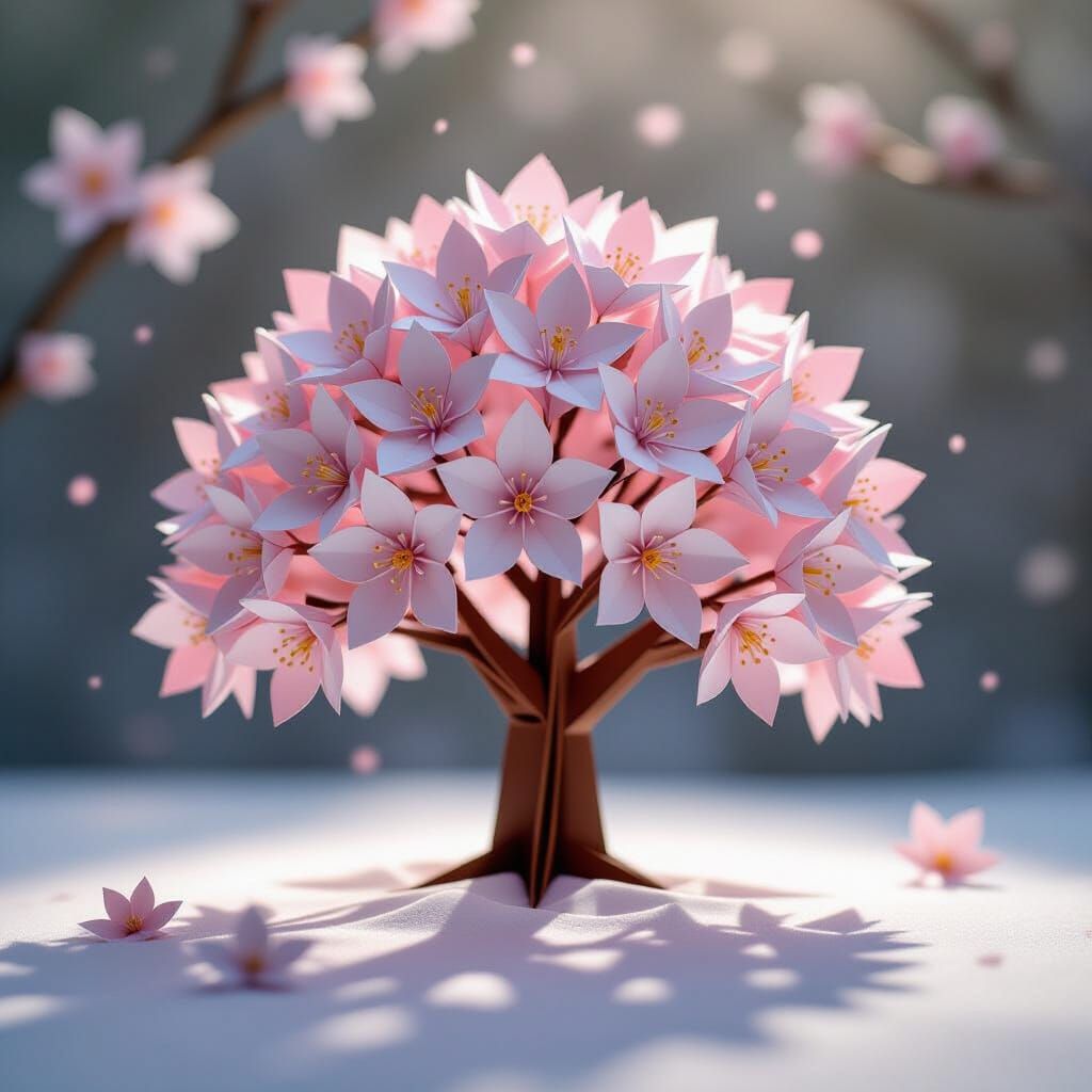 Origami Snow Apple Tree with Pink Blossoms in Soft Light