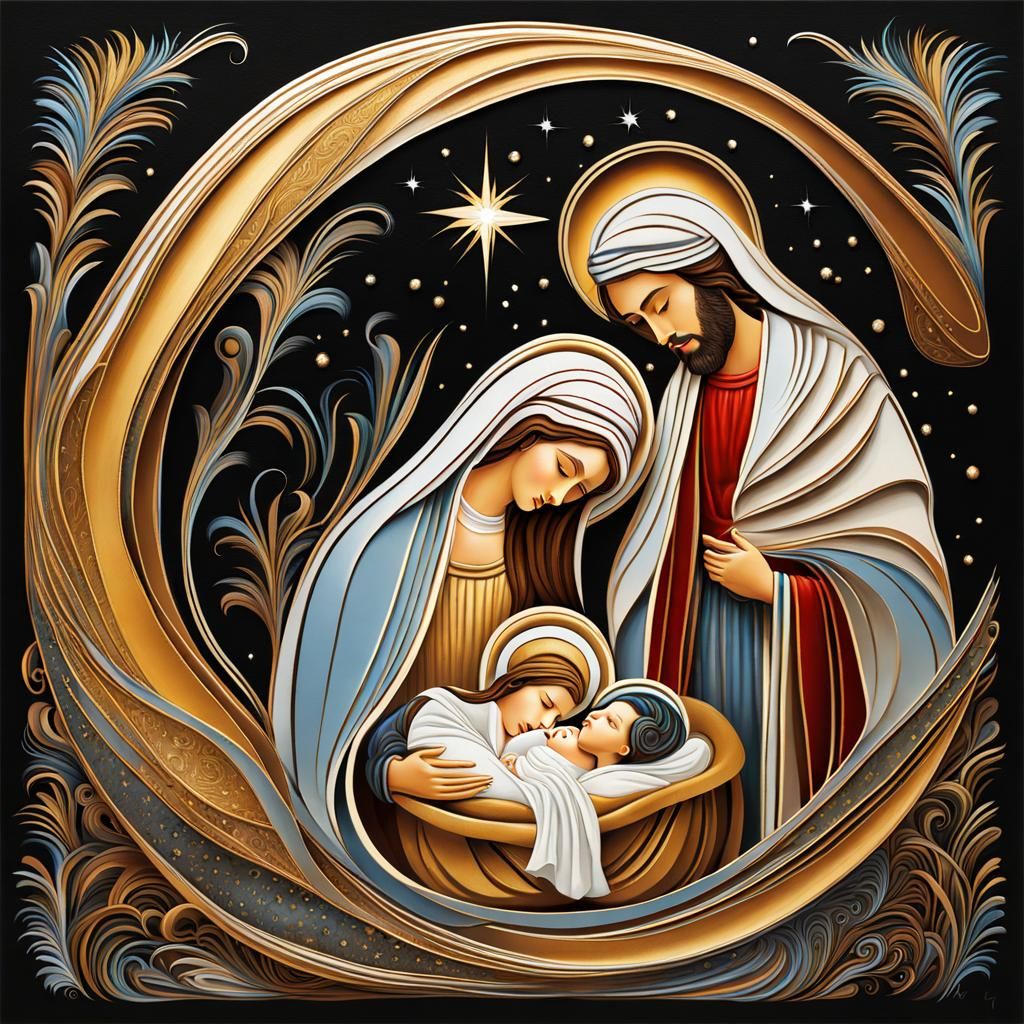 Stylized Nativity Scene in Ink and Acrylic