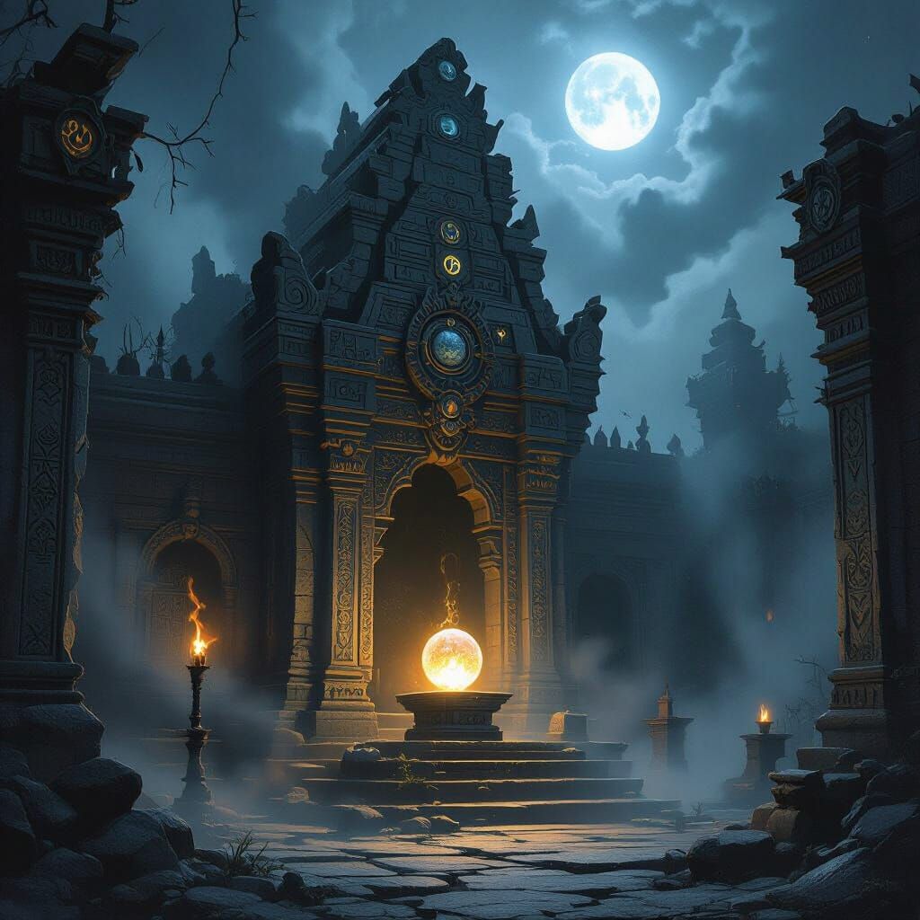 Gothic Temple Shrouded in Mist, Bathed in Moonlight