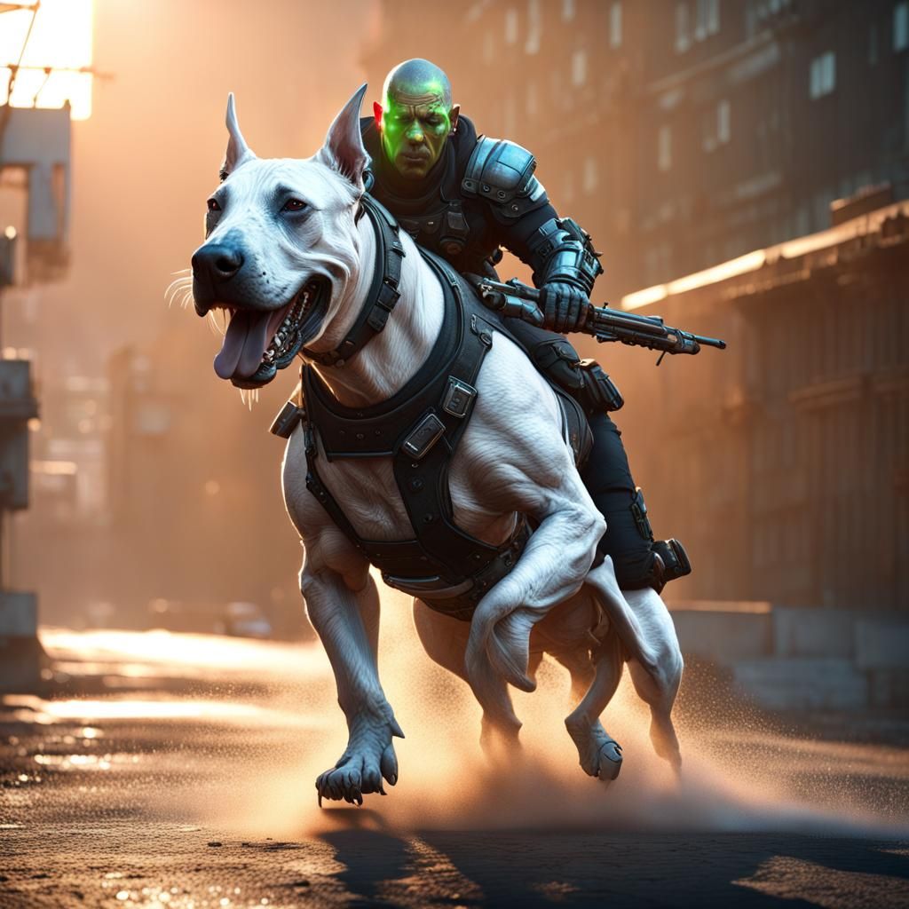 Cyberpunk Orc Rides Bull Terrier in Detailed Render