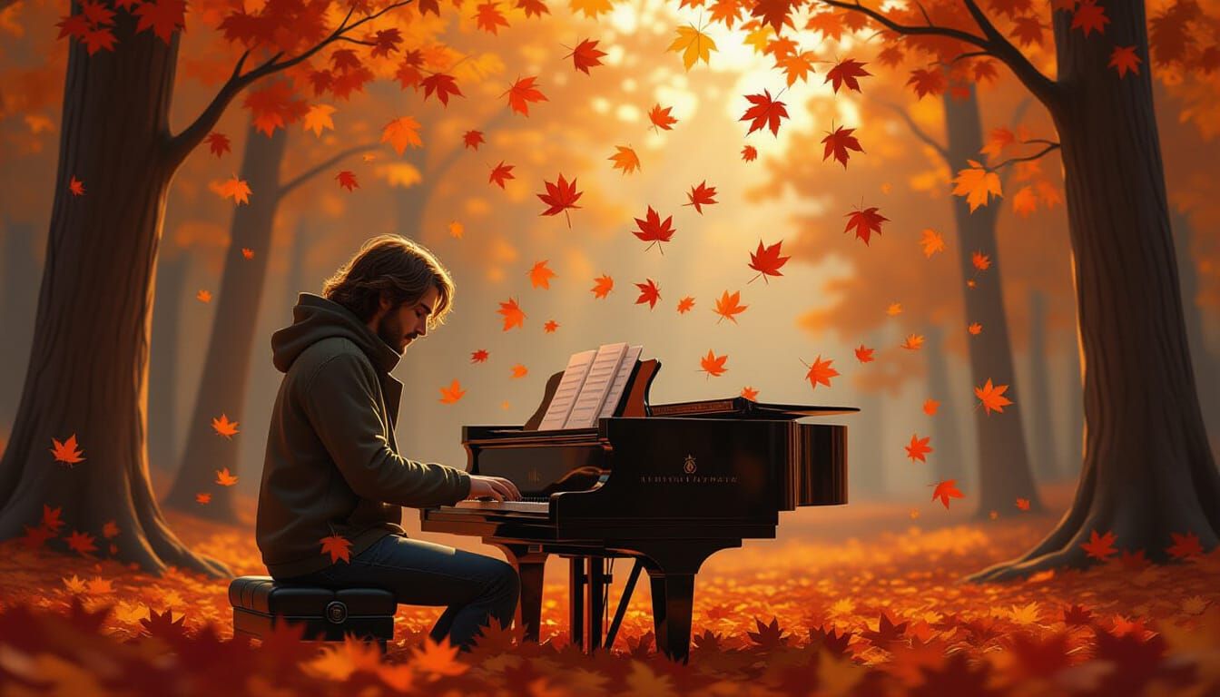 Autumn Leaves Swirl Around Musician at Golden Hour