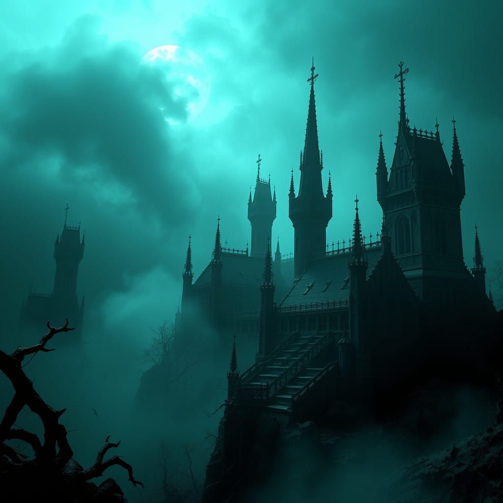 Gothic Dreamscape Unveiled: Mysterious Fog-Shrouded Ruins