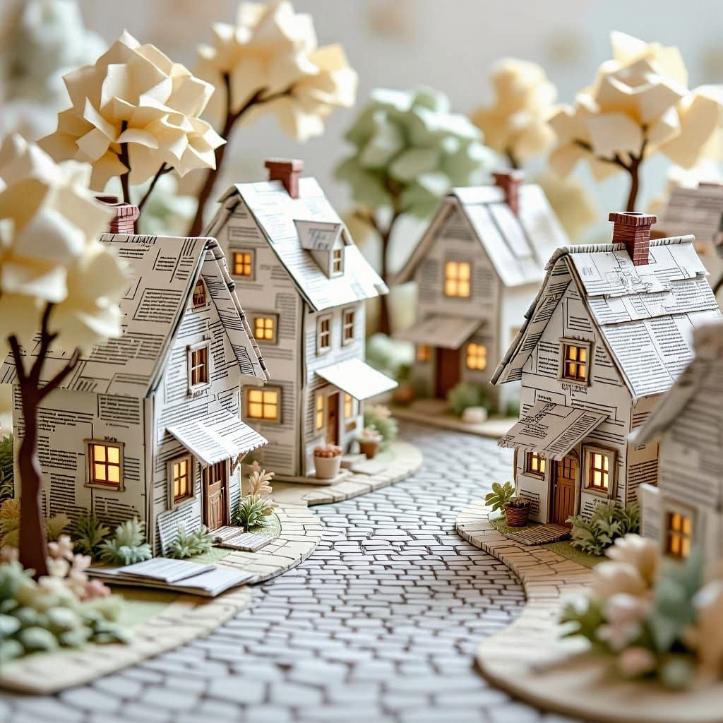 Whimsical Newspaper Village in Soft Light