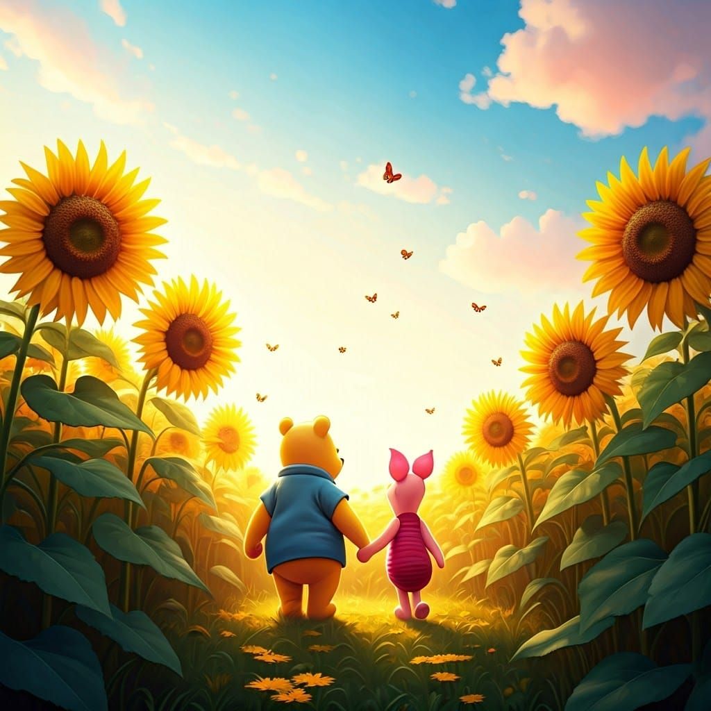 Pooh and Piglet in Summer Sunflower Field
