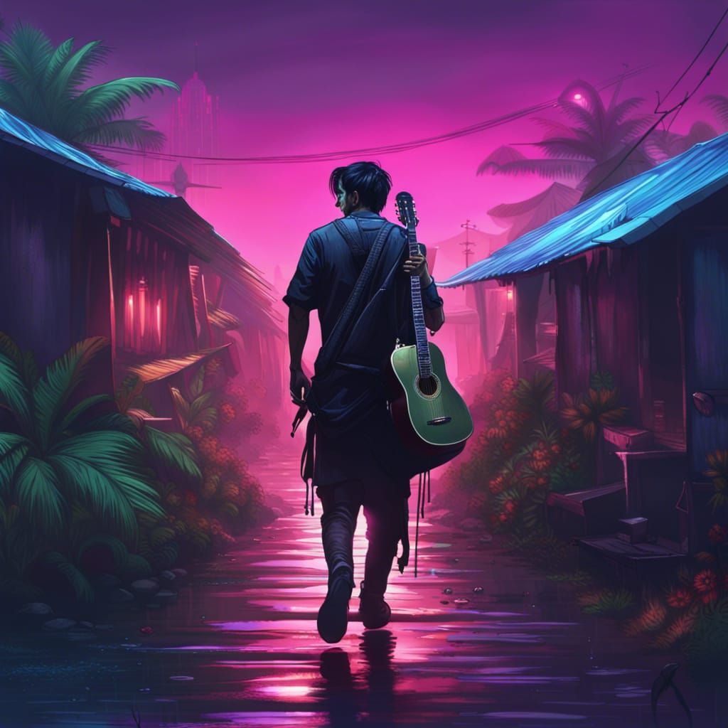 Gothic Man Strolls Synthwave Kampung in Dark Fantasy Art