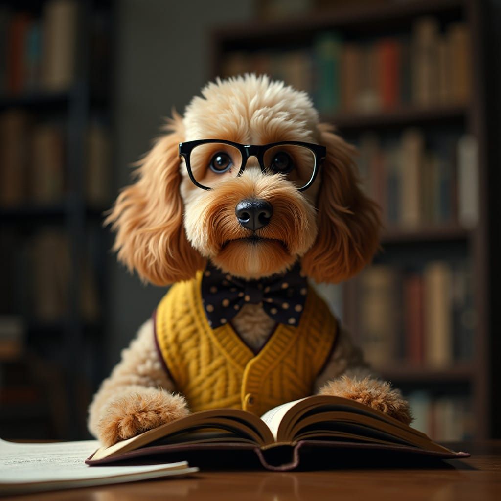 Cinematic Groodle Scholar Enjoys Science Readings in Study