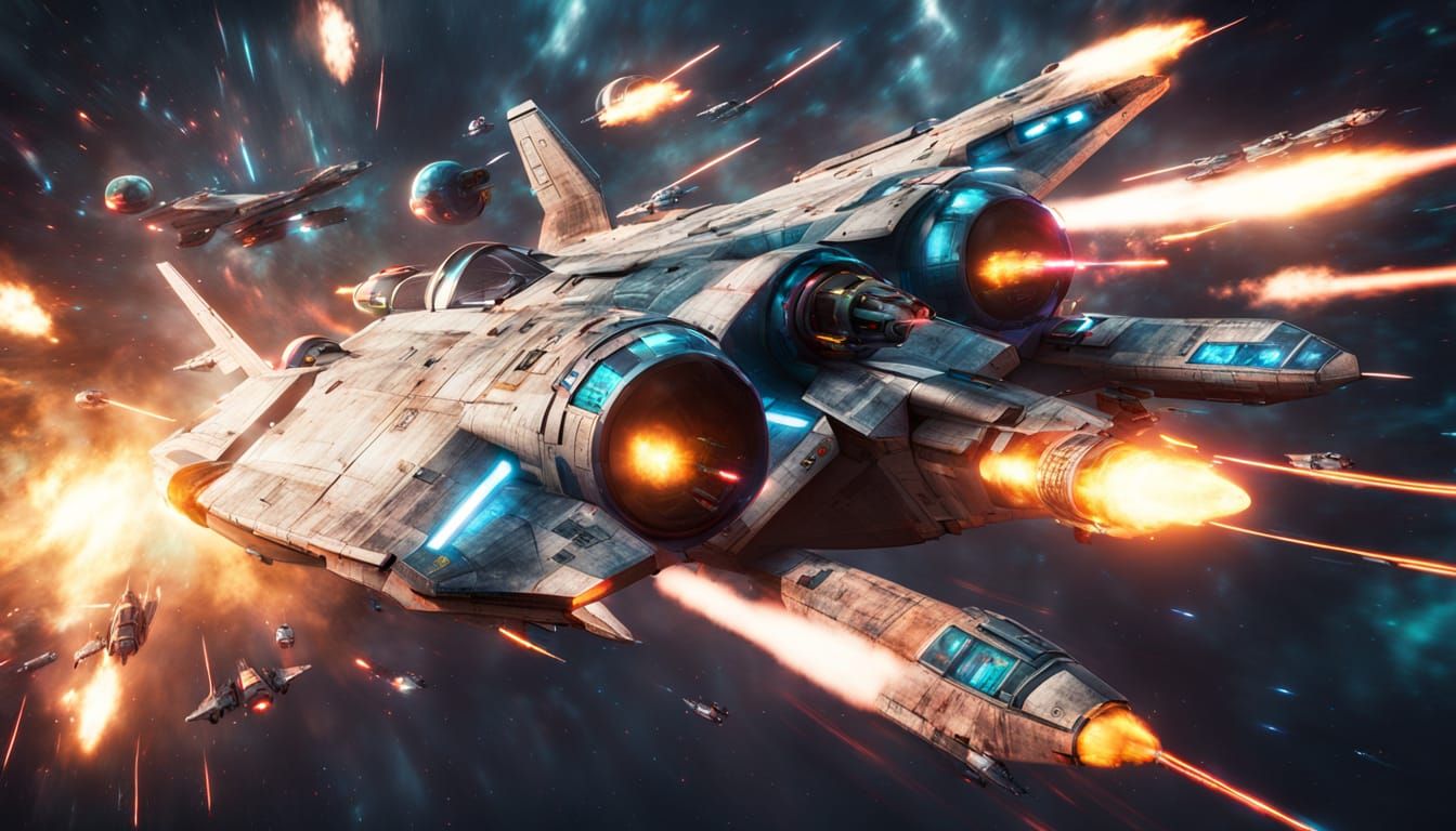 Sleek Starfighters Engage in Intense Nebula Dogfight