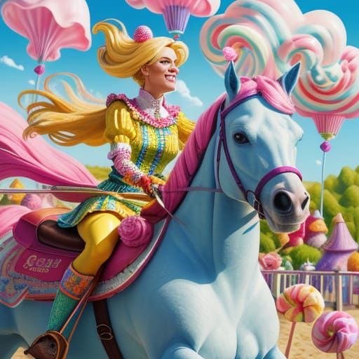 Whimsical Candy Art: Rogue Blonde Woman on Horse